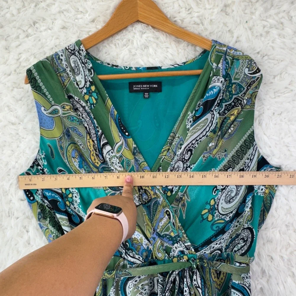 Jones New York‎ Paisley Faux Wrap Dress 14W Green Blue Boho Sleeveless Midi